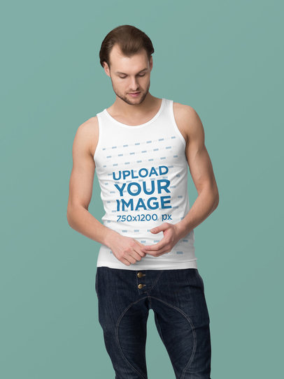 Mockup of a Serious Man Wearing a Customizable Tank Top Against a Plain Background 