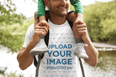 Crewneck T-Shirt Mockup of a Man Carrying His Son on His Shoulders