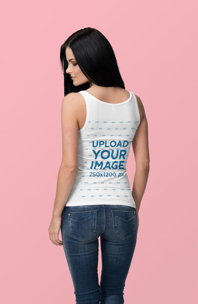 Back View Mockup of a Woman Wearing a Customizable Tank Top at a Studio 