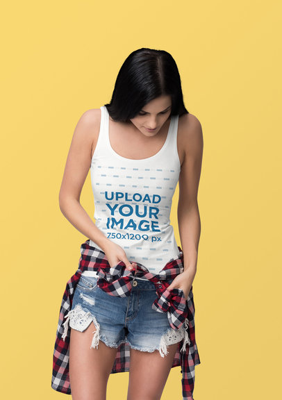 Tank Top Mockup of a Woman Tying a Flannel Garment Around Her Waist 4398-el1