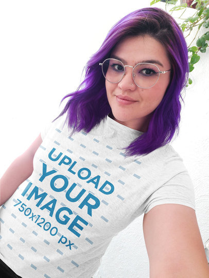 T-Shirt Mockup of a Woman with Purple Hair Taking a Selfie 36763