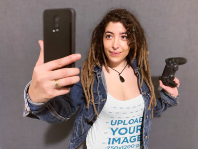 Tank Top Mockup Featuring a Gamer Woman Taking a Selfie 