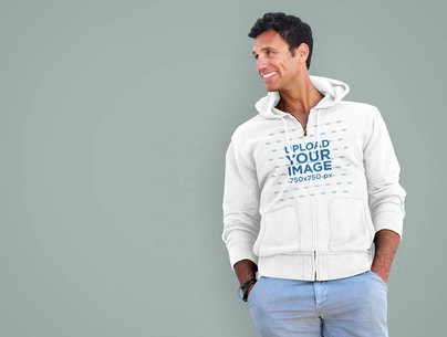 Full-Zip Hoodie Mockup Featuring a Smiling Man with His Hands on Pockets
