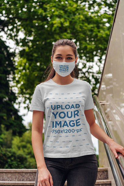 T-Shirt Mockup Featuring a Young Woman Wearing a Customizable Face Mask