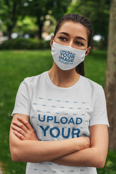 Face Mask Mockup of a Woman Wearing a Customizable T-Shirt 