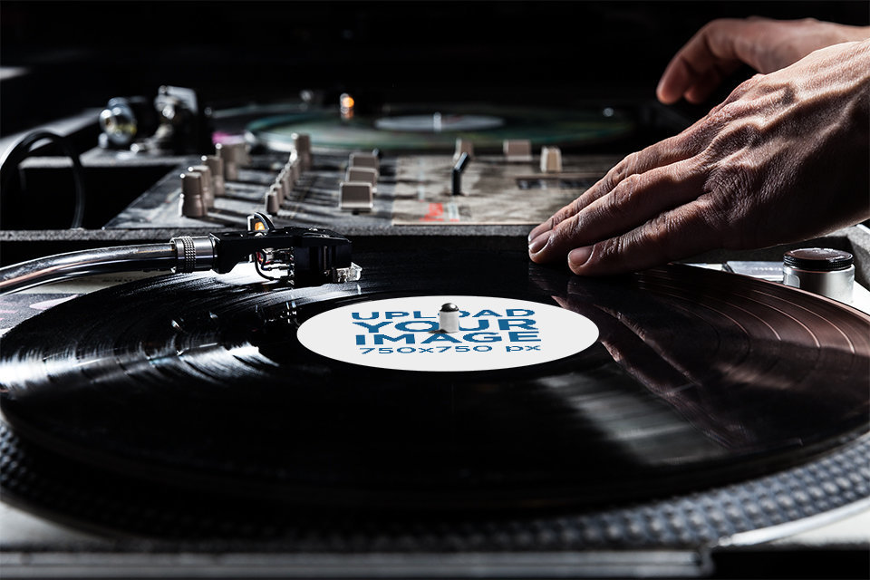 Vinyl Record Mockup of a DJ Playing a Set