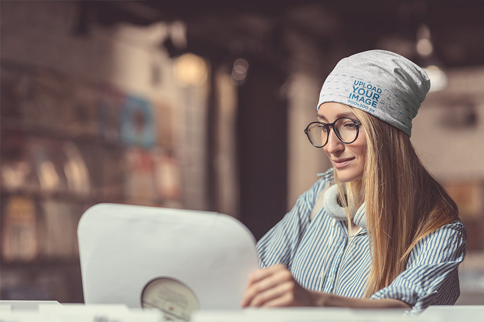 Beanie Mockup of a Woman at a Record Store