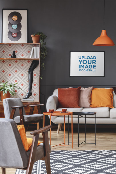 Mockup of a Horizontal Art Print Hanging on a Black Wall 