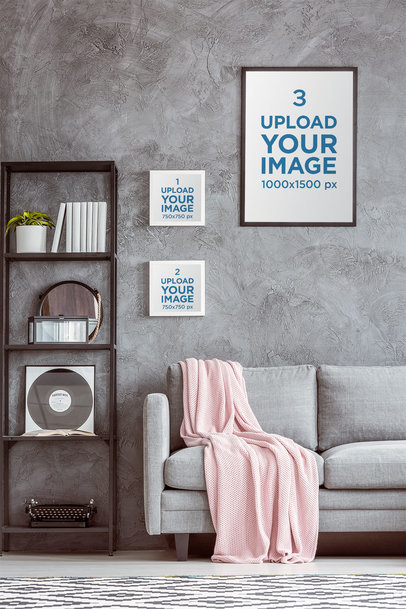Mockup Featuring Three Art Prints Hanged on a Gray Wall 