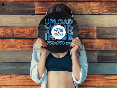 Mockup Featuring a Young Woman Holding a Vinyl Record in Front of Her Face 36722-r-el2