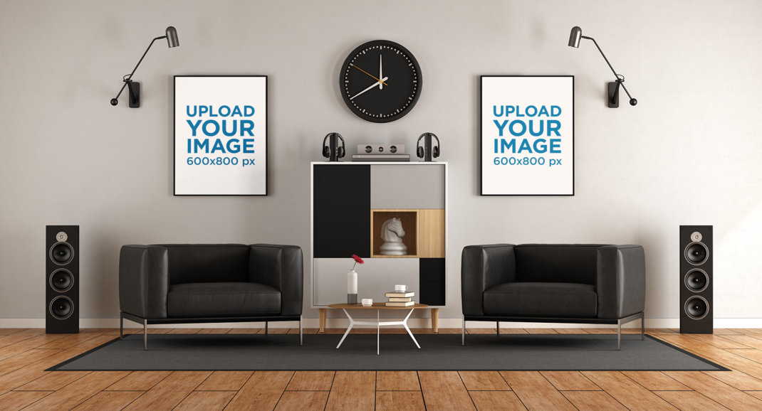 Mockup of Two Framed Posters Hanging in a Musician's Living Room 