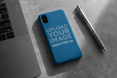 Mockup of a Phone Case for iPhone Placed Next to a Computer
