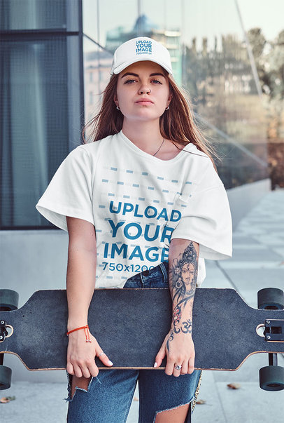 T-Shirt and Dad Hat Mockup of a Tattooed Woman Holding a Longboard 37685-r-el2