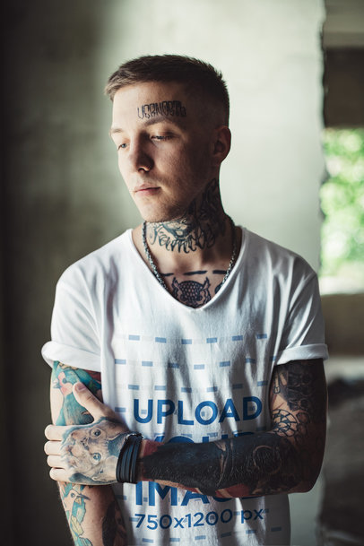Mockup of a Tattooed Man Wearing a V-Neck T-Shirt 37520-r-el2
