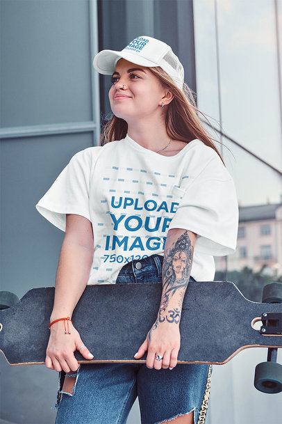 T-Shirt Mockup of a Woman with a Longboard Wearing a Dad Hat 37684-r-el2