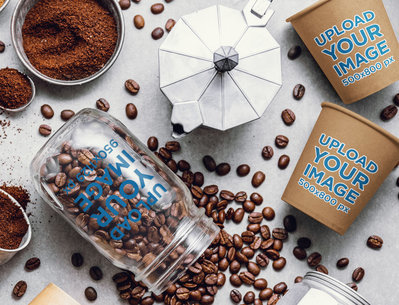 Coffee Cup Mockup Featuring a Glass Jar with Spilled Beans