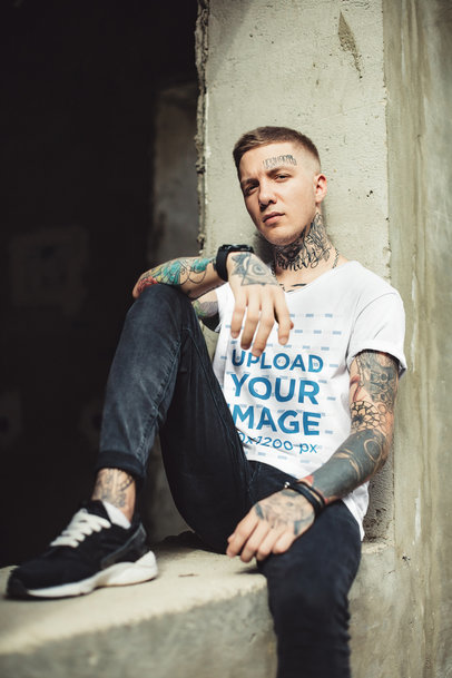 V-Neck T-Shirt Mockup of a Tattooed Man Posing 37523-r-el2