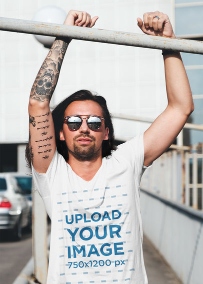 T-Shirt Mockup of a Long-Haired Man Posing on the Street 37683-r-el2