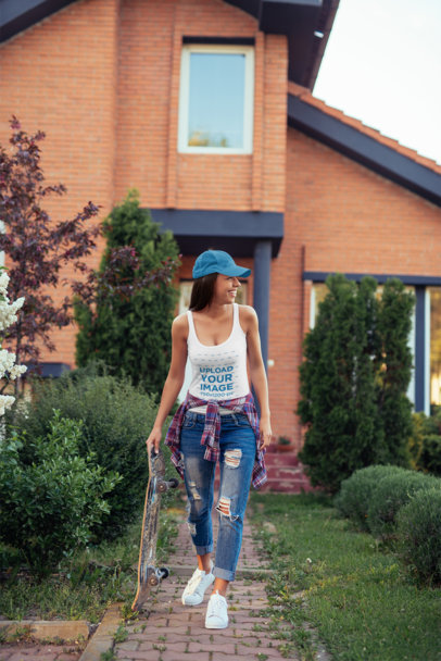 Tank Top Mockup of a Woman with a Skateboard