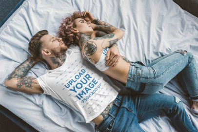 T-Shirt and Sports Bra Mockup of a Couple Lying in Bed