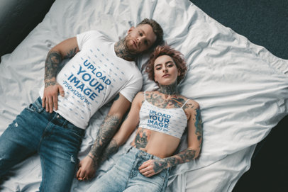 T-Shirt and Sports Bra Mockup of a Tattooed Couple