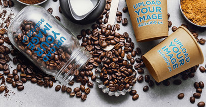 Coffee Cup Mockup Featuring a Jar and Spilled Coffee Beans