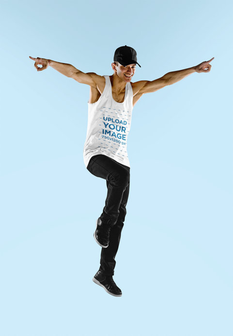 Tank Top Mockup of a Breakdancer Jumping in a Studio