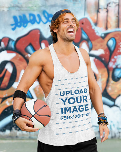Tank Top Mockup of a Muscular Man Enjoying a Basketball Game