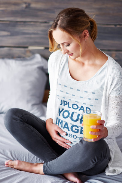 Heather T-Shirt Mockup Featuring a Pregnant Woman Drinking Juice 