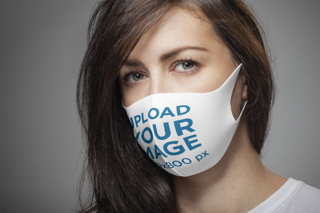 Closeup-View Mockup of a Long-Haired Woman Wearing a Face Mask