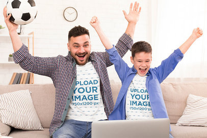 T-Shirt Mockup of Father and Son Watching a Soccer Game