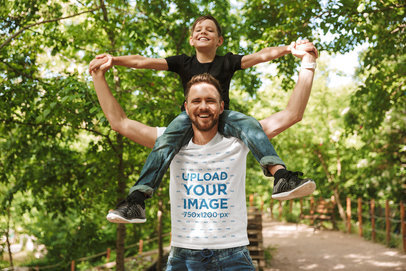 Mockup of a Father with a Round-Neck Tee Having Fun with His Son