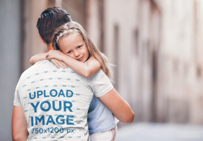 Back-View T-Shirt Mockup of a Dad Carrying Her Daughter