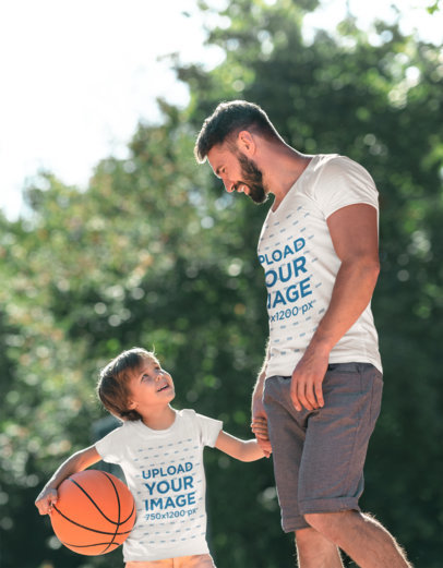 T-Shirt Mockup of a Father Playing Basketball with His Kid