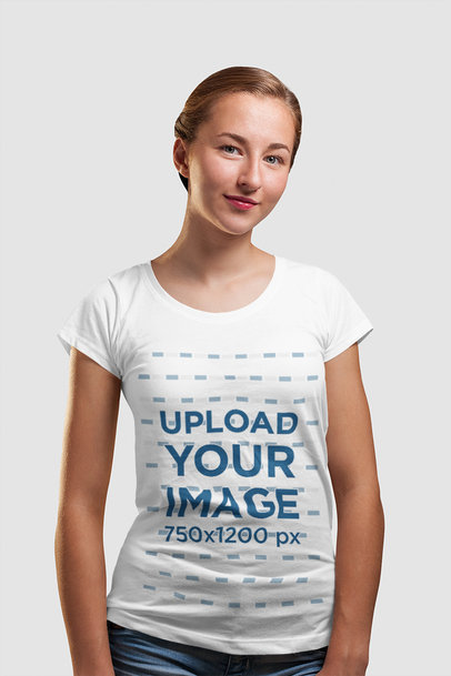 Mockup of a Young Woman Wearing a T-Shirt in a Studio