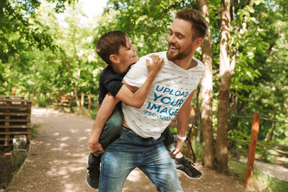 T-Shirt Mockup Featuring Father and Son at a Park