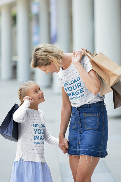Heather T-Shirt and Sweatshirt Mockup of a Woman Talking with Her Daughter