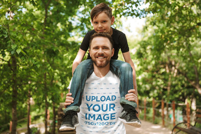 T-Shirt Mockup of a Dad with His Boy