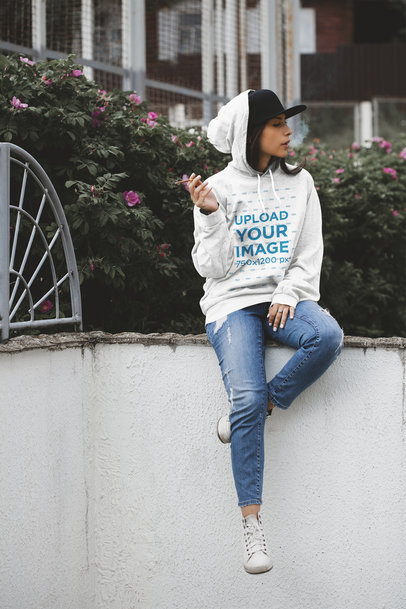 Pullover Hoodie Mockup Featuring a Woman Smoking 37607-r-el2