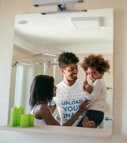 T-Shirt Mockup of a Man Enjoying His Morning Routine with His Family