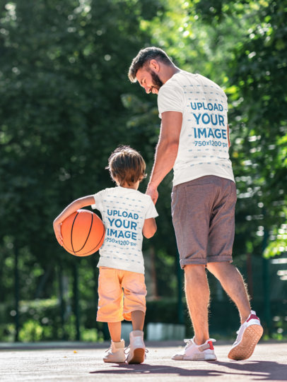 Back-View T-Shirt Mockup of a Father Playing Basketball with His Son