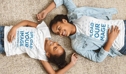T-Shirt Mockup of Mom and Daughter Lying on the Floor