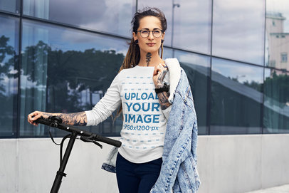 Long Sleeve Tee Mockup of a Tattooed Woman on a Scooter
