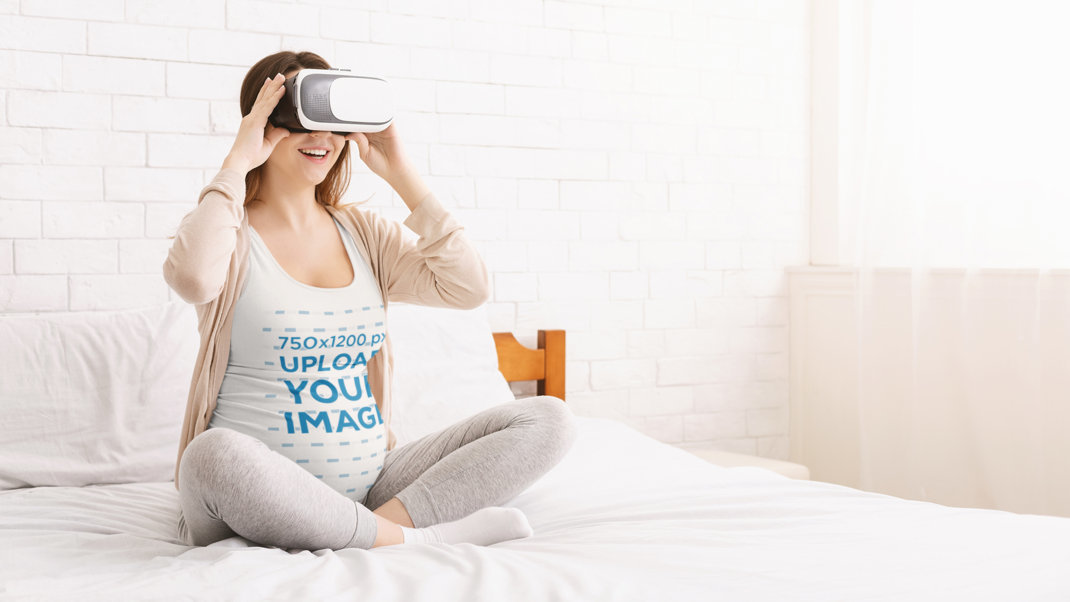 Tank Top Mockup of a Pregnant Woman Using a VR Headset