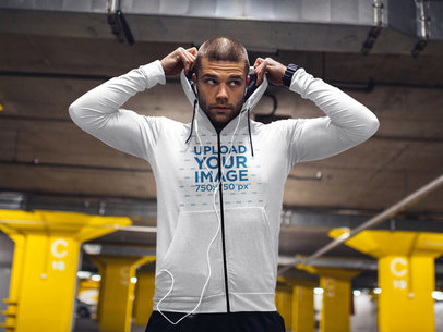 Heathered Full-Zip Mockup of a Man Listening to Music 37611-r-el2