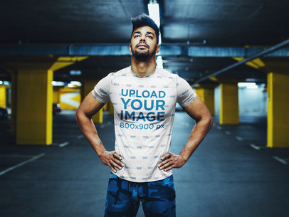 Mockup of a Man with a Sublimated Jersey Standing at an Underground Parking
