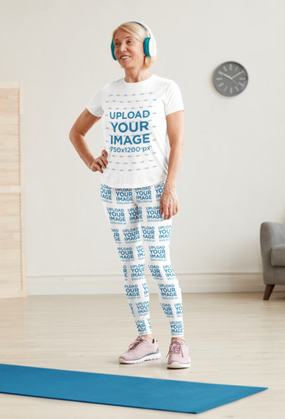 T-Shirt Mockup of a Woman with Sublimated Leggings Ready to Workout at Home