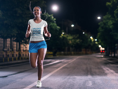 T-Shirt Mockup of a Woman Jogging at Night