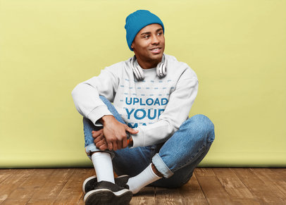 Sweatshirt Mockup of a Man Sitting on Wooden Floor 37946-r-el2