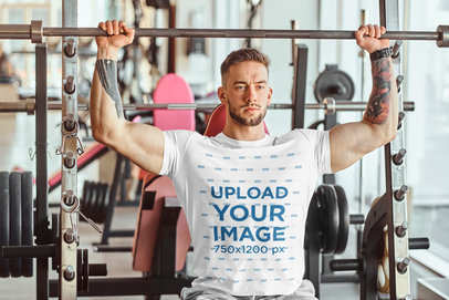 Round Neck Tee Mockup of a Man Doing Shoulder Press 38011-r-el2